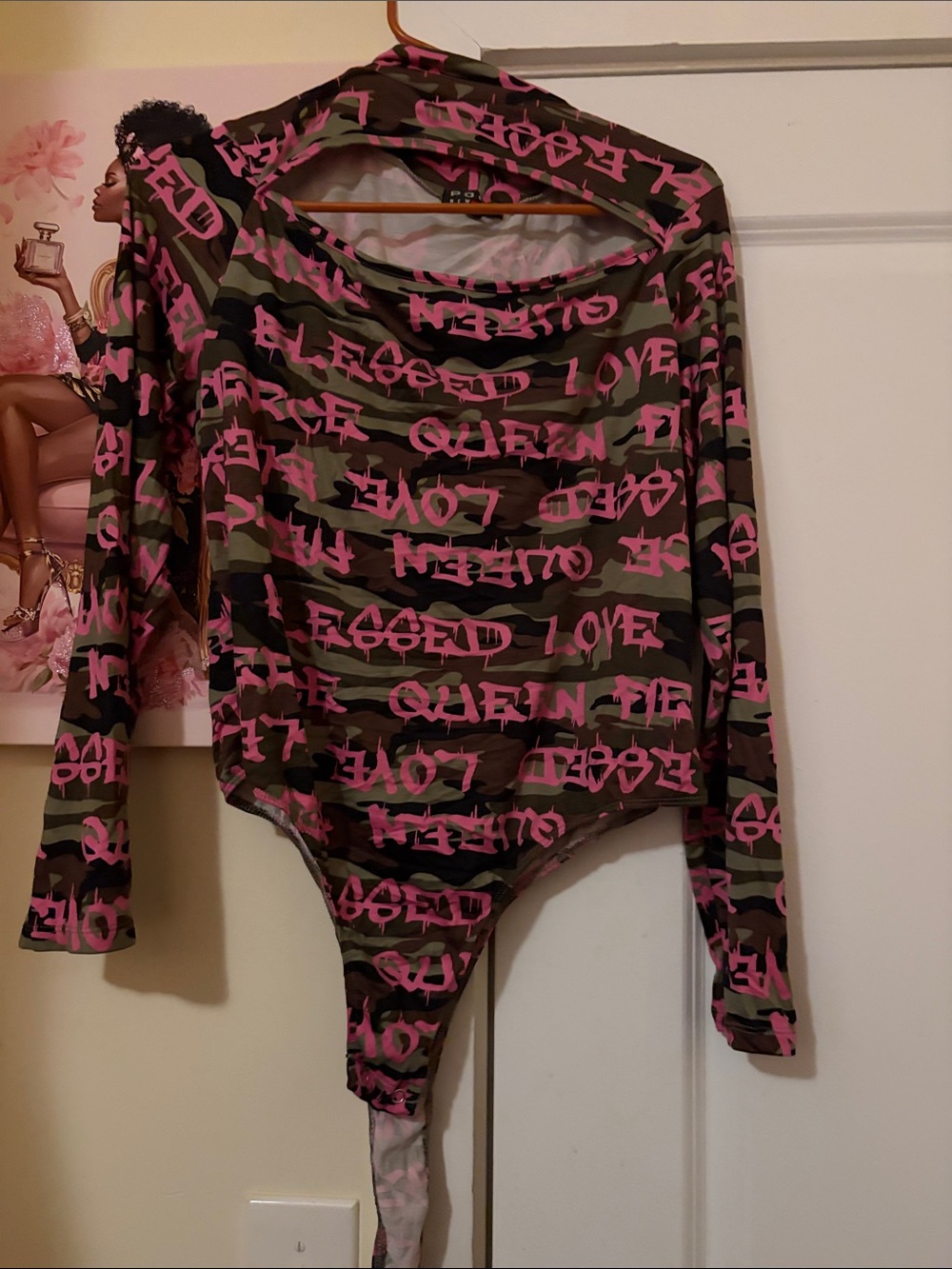 Women’s Long-Sleeve Camouflage Script Bodysuit in Pink & Green